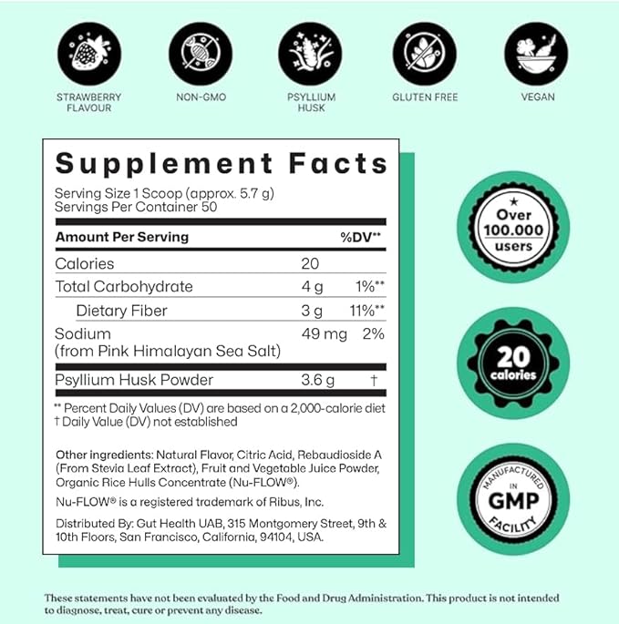 ColonBroom Psyllium Husk Powder (Strawberry) - Colon Cleanse for Bloating Relief & Gut Health - Colon Broom Fiber Powder Drink - Vegan, Gluten Free, Non-GMO Fiber Powder Supplement, 50 Servings