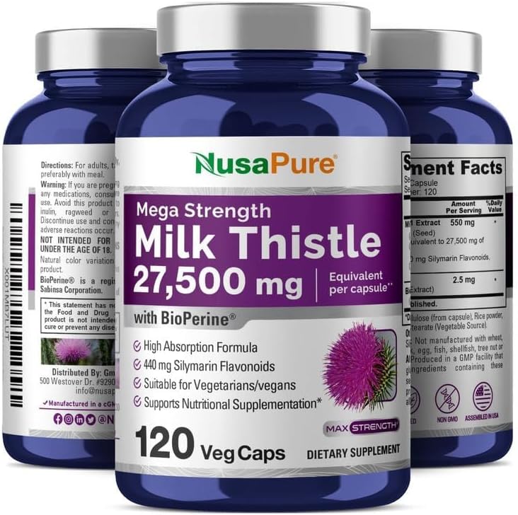 NusaPure Milk Thistle Extract 27,500mg 120 Veggie Capsules (50:1 Extract, Non-GMO, Vegan) Max Strength - Standardized 80% Silymarin, Bioperine