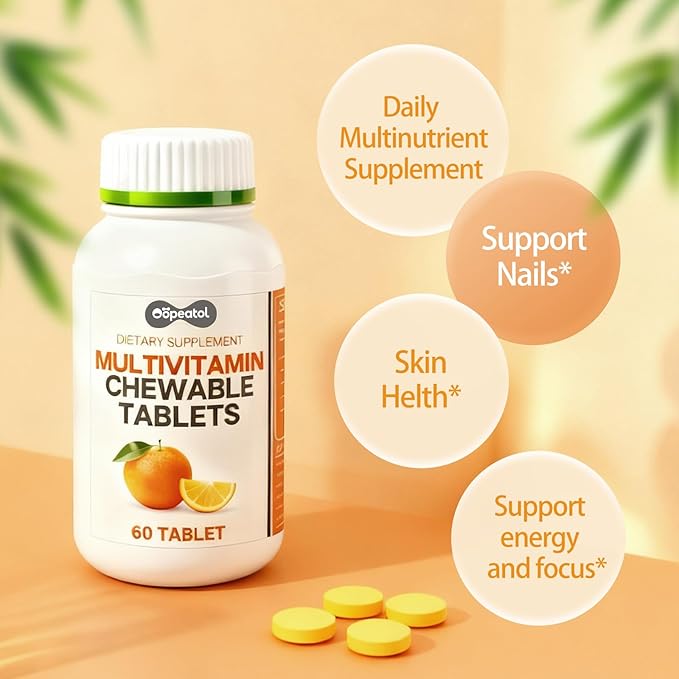 Multivitamin for Adults with Vitamin C, D3 & B Vitamins | Daily Increase Body Protection, Energy & Bone and Joint Equilibrium and Health | 60 Chewable Tablets for Men & Women, 2 Month Supply