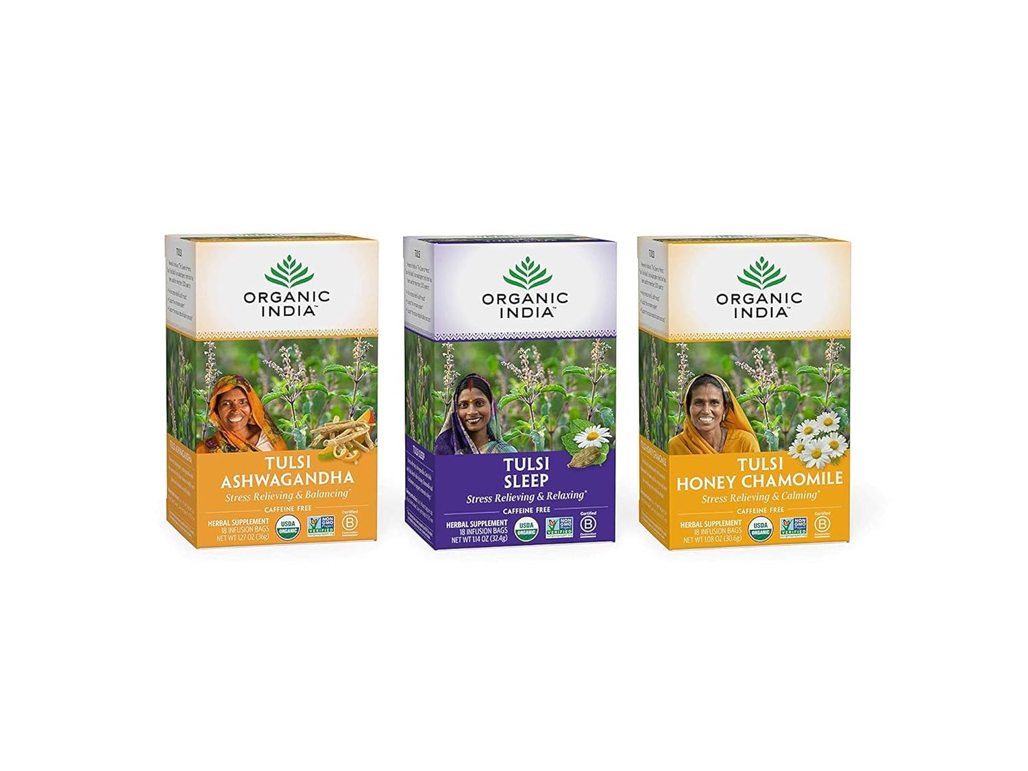 ORGANIC INDIA Iced Tulsi Tea Bags Variety Pack - Assorted Tea, Holy Basil, Ashwaganda, Sleep, Honey Chamomile - Adaptogen, Vegan, USDA Certified Organic, Non-GMO - 18 Infusion Bags per Box (Pack of 3)