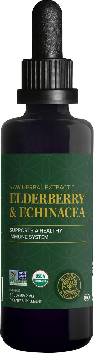 Global Healing USDA Organic Elderberry & Echinacea Liquid Supplement Tincture | Antioxidant Immune Support Against Harmful Organisms for Adults and Kids, Vegan, Non-GMO, 1-Month Supply (2 Oz)