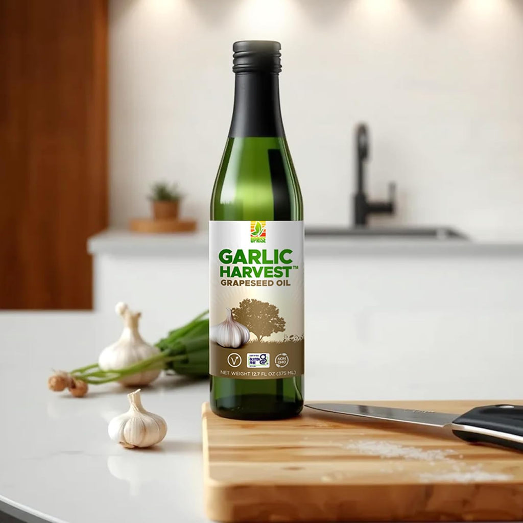 Garlic Harvest Grapeseed Oil – 12.7 oz Glass Bottle | Garlic Flavored Healthy Cooking Oil for Roasting, Vegetables, and Pasta | High Smoke Point | Non-GMO, Plant-Based, Gluten-Free, Organic