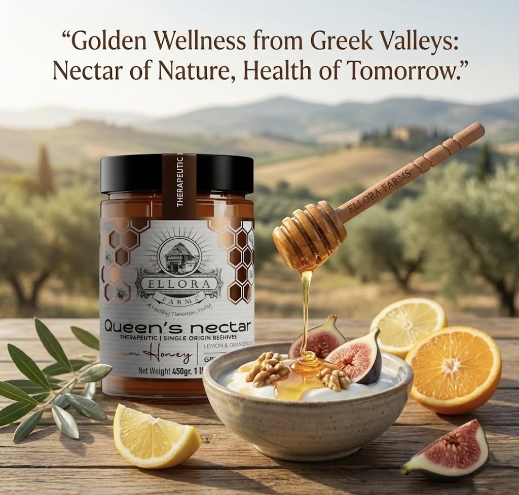 Ellora Farms Greek Honey, Lemon & Orange Blossom Raw Honey Unfiltered, 2025 Paris Platinum Award, Non-GMO and Unpasteurized, Gift Pack with Dipper - 450 g