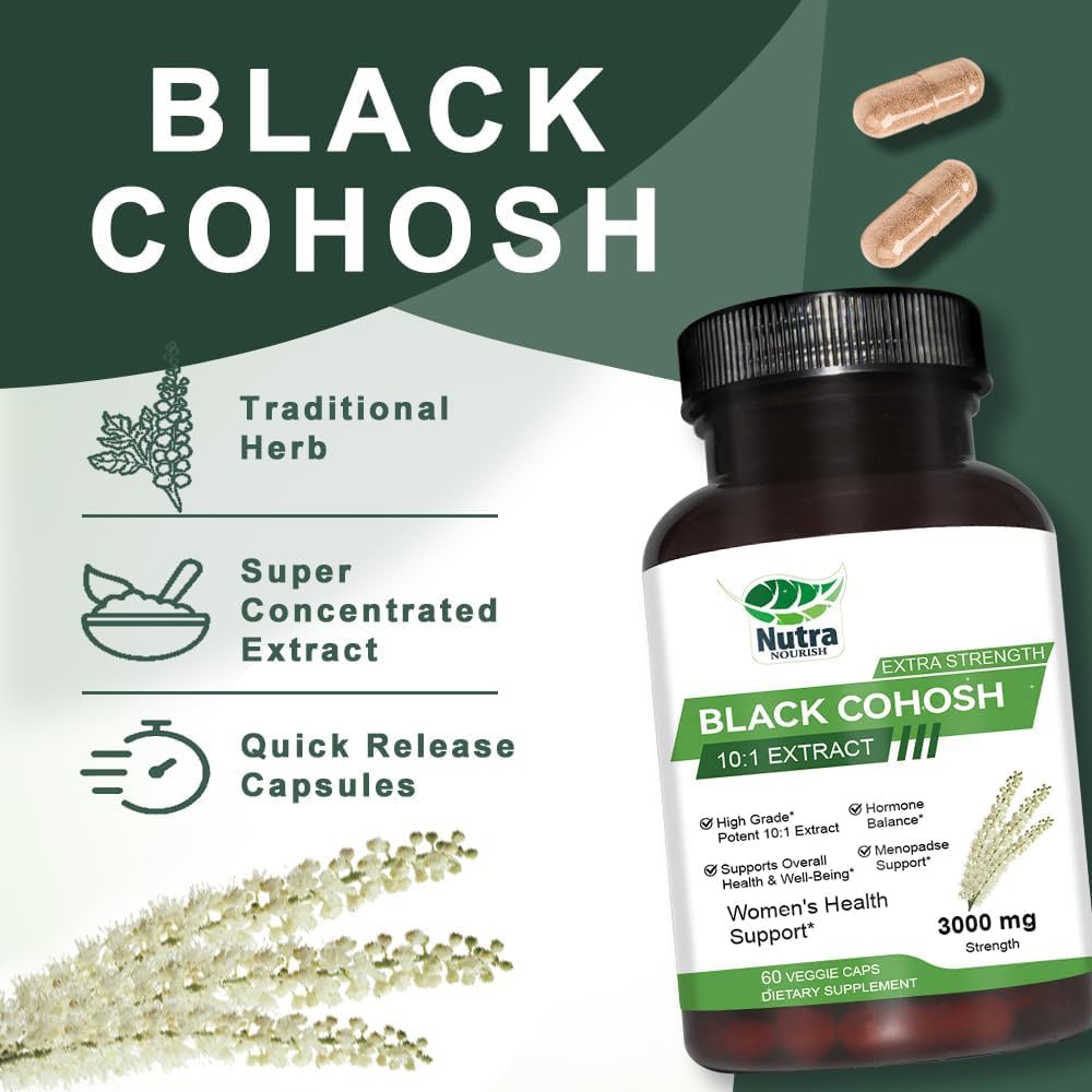 Black Cohosh Capsules,3000mg Strength,Black Cohosh Supplements for Women Menopause Hot Flashes,Non-GMO,60 Vegetarian Capsules