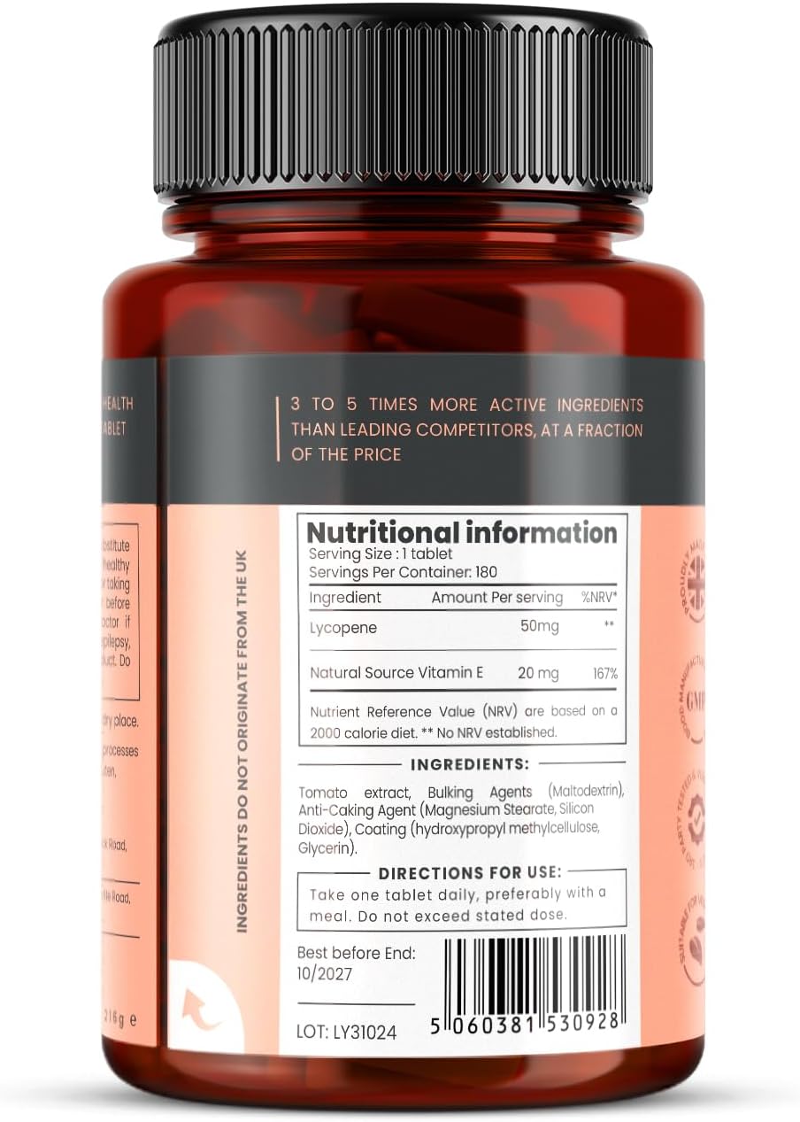 pureclinica Lycopene 50mg x 180 Tablets (6 Months Supply). 300% Strength of Regular Lycopene Tablets