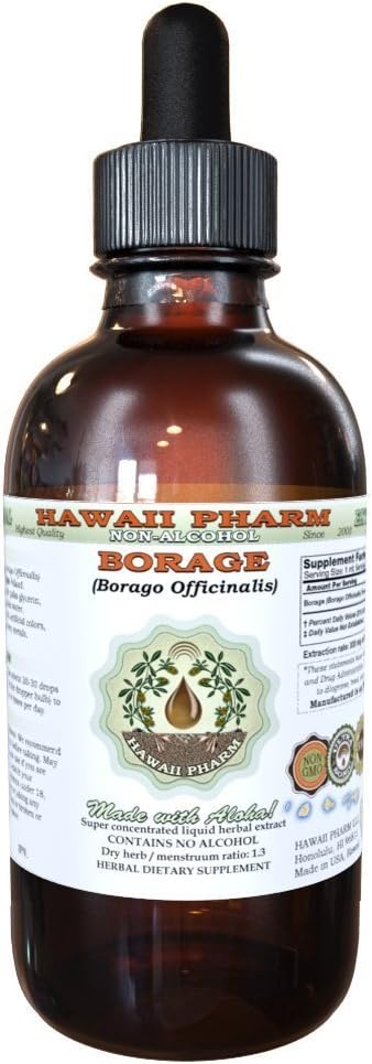 Borage Alcohol-Free Liquid Extract, Borage (Borago Officinalis) Dried Flower and Herb Glycerite Hawaii Pharm Natural Herbal Supplement 4 oz