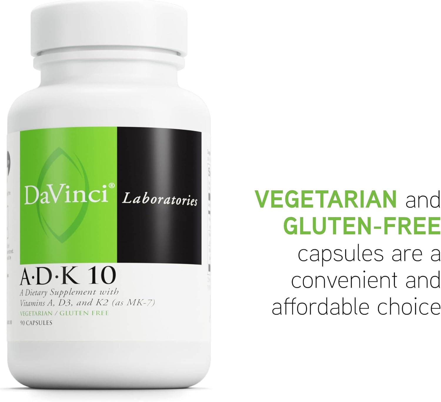 DAVINCI Labs ADK 10 - Helps Support Bone, Heart & Immune Health - Dietary Supplement with Vitamins A, D3 & K2 (as MK-7) - Vegetarian, Gluten Free & Soy Free - 90 Capsules