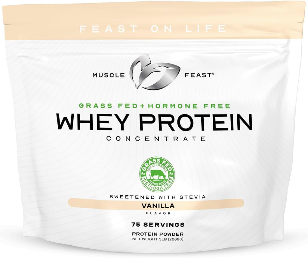 Muscle Feast Grass-Fed Whey Protein Concentrate Powder, All Natural, Hormone Free Pasture Raised Whey Protein Powder for Women & Men, Clean, Non-GMO & Gluten Free Whey Concentrate - Vanilla, 5lb