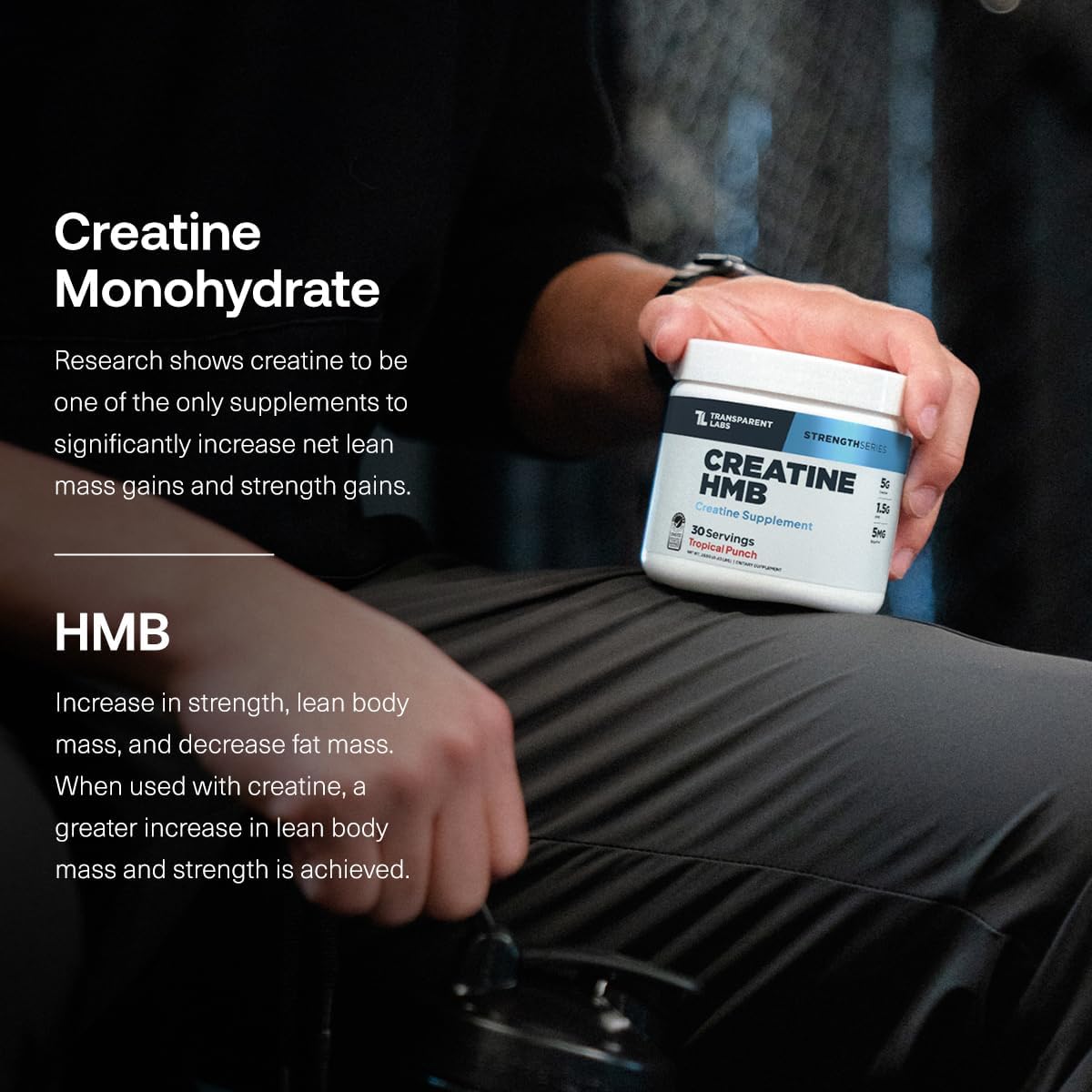 Transparent Labs Creatine HMB - Creatine Monohydrate Powder with HMB for Muscle Growth, Increased Strength, Enhanced Energy Output, and Improved Athletic Performance - 30 Servings, Tropical Punch