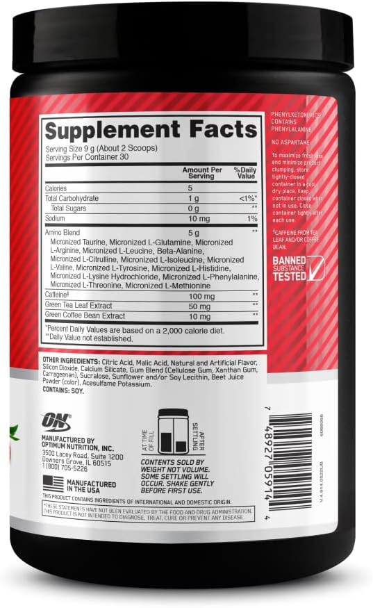 Optimum Nutrition Amino Energy Powder – Energy & Focus Pre Workout with Amino Acids, BCAA, Green Tea Caffeine & Coffee, Muscle Recovery Support – Juicy Strawberry, 30 Servings (Packaging May Vary)