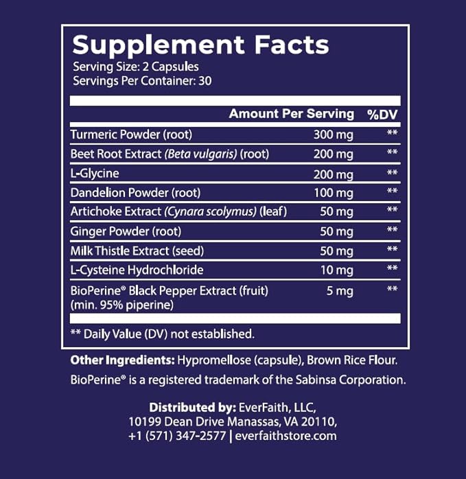 EVERFAITH Livergy - Liver Cleanse Detox & Repair - Liver Support & Health Supplement - with Milk Thistle, Beet Root Powder, Turmeric, Dandelion & More - Vegetarian, Gluten Free, Non-GMO - 60 Capsules