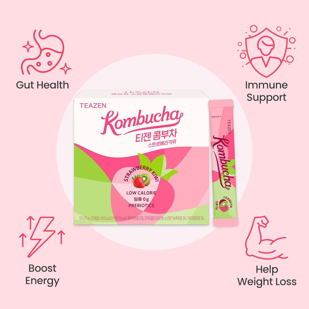 TEAZEN Strawberry Kiwi Kombucha Tea, Hydration Drink Mix, Sugar Free, Live Probiotics & Prebiotics, 30 Sticks, 5.29oz