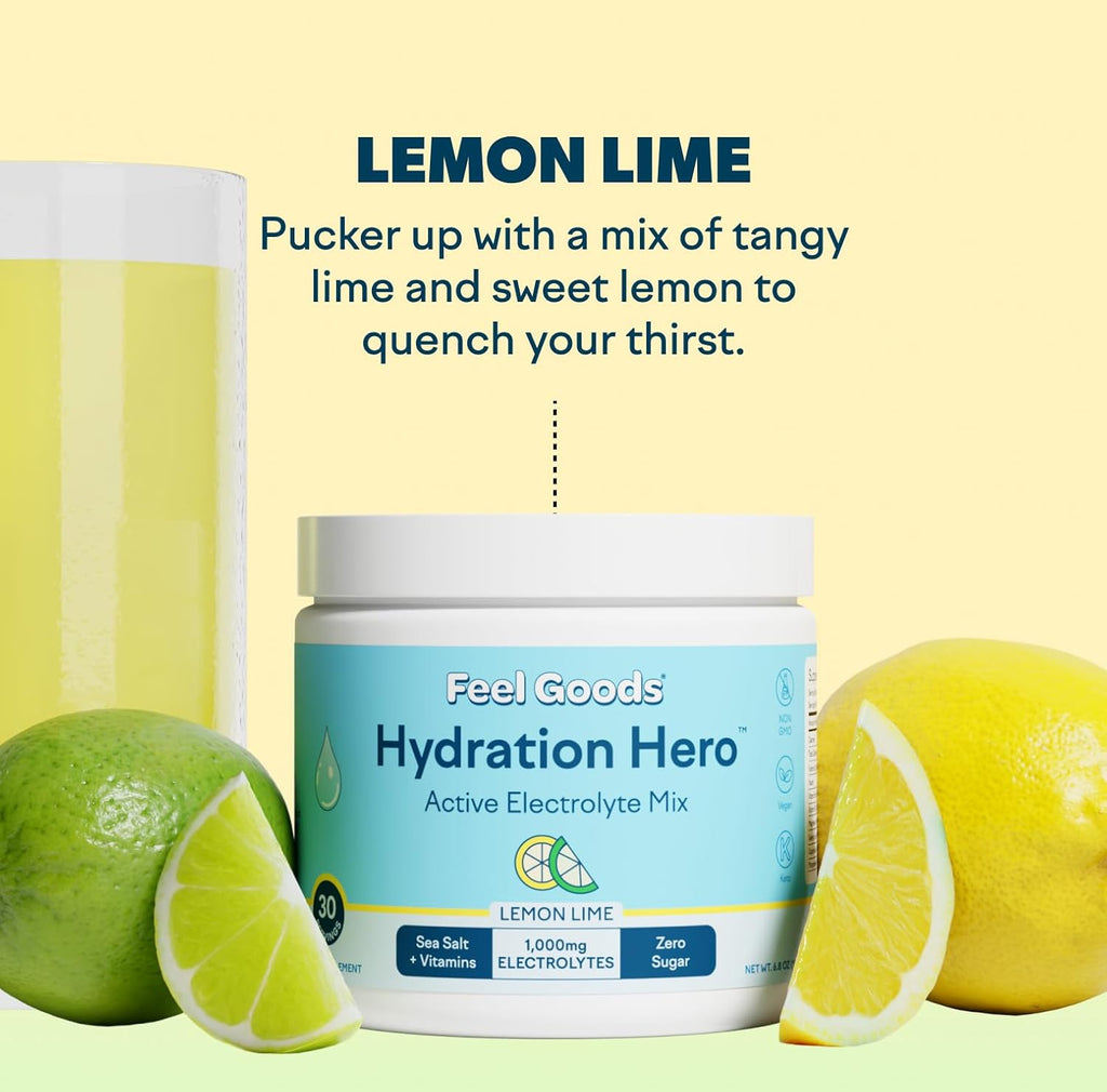 Feel Goods Hydration Hero, 1,000mg Electrolytes Powder, Sugar Free, Magnesium, Organic Aloe Vera, Organic Aloe, L Theanine, Vitamin C & B12, Non GMO, Keto, Vegan | Lemon Lime, 30 Servings