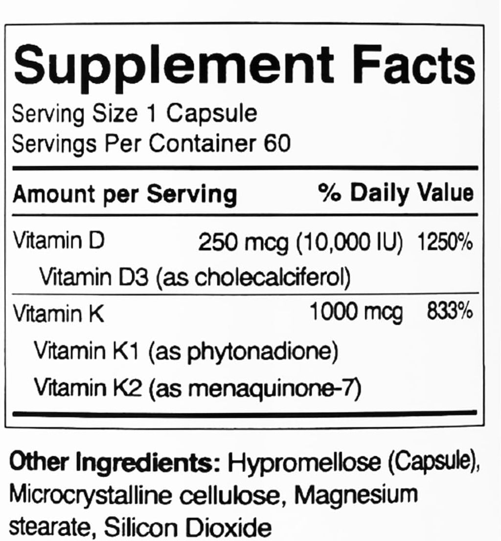 Vitamin D3 10,000 IU with K2 – Immune, Teeth, Bone Health Support, Non-GMO, Gluten & Dairy Free, 60 Day Supply, 60 Capsules