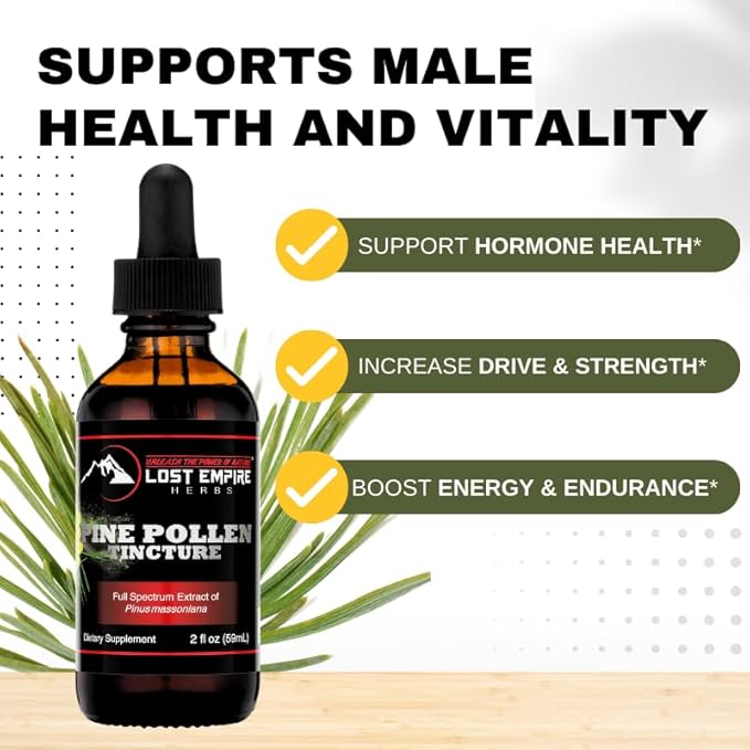 Lost Empire Herbs Pine Pollen Tincture Pine Pollen Liquid Extract for Testosterone - Alcohol Tincture is Superior for Better Absorption, 3rd Party Lab Tested (2 Ounce)