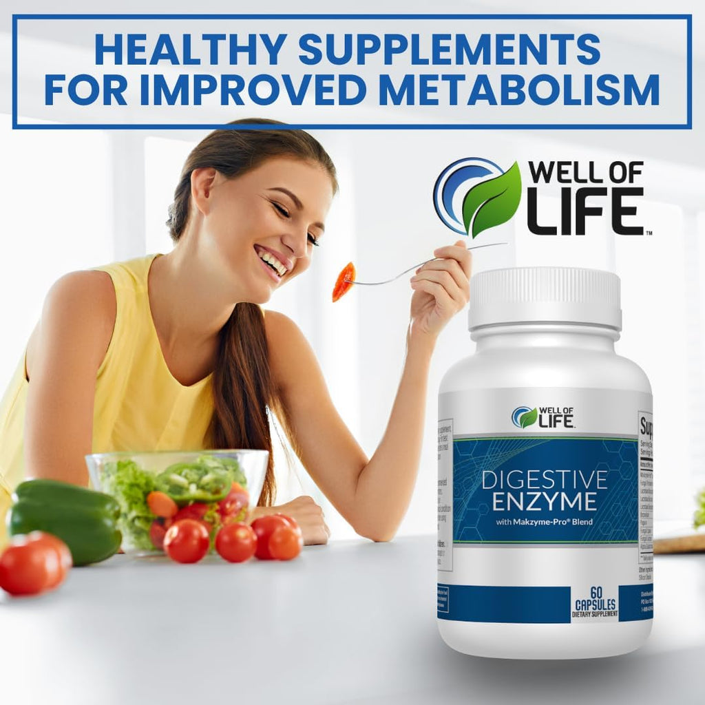 Well of Life Digestive Enzyme: 700mg, 60 Vegetarian Capsules, Enhance Digestive Health, Nutrient Absorption & Gut Health, Lactobacillus, Bromelain, Papain & More, All-Natural, Vegan, Made in USA