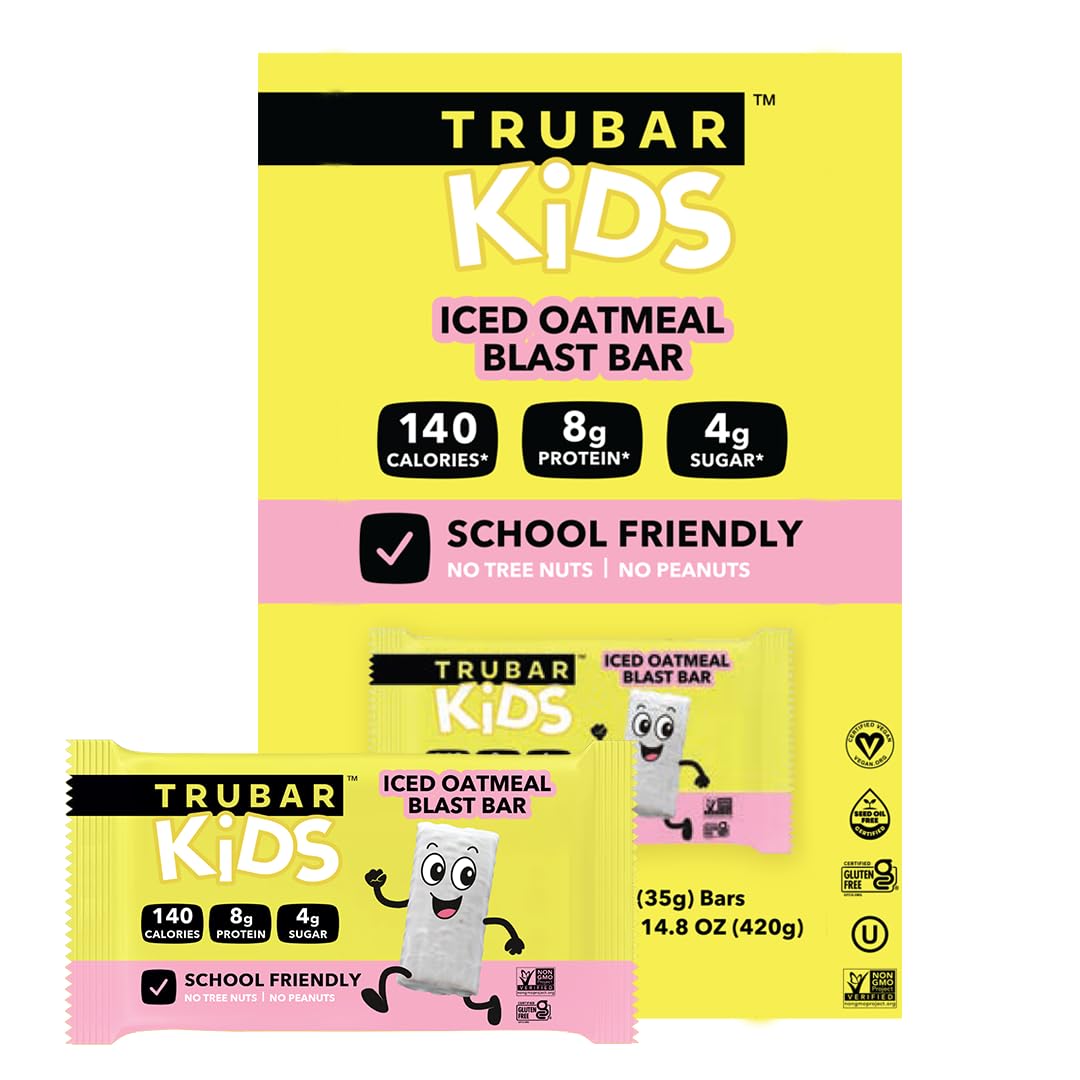 TRUBAR Kids Protein Bars, Iced Oatmeal Blast, Plant Based Protein, Gluten Free School-Friendly Snacks for Lunchboxes, Tree Nut and Peanut Free, Low Sugar, Healthy On the Go Snack Bars, 12 Count