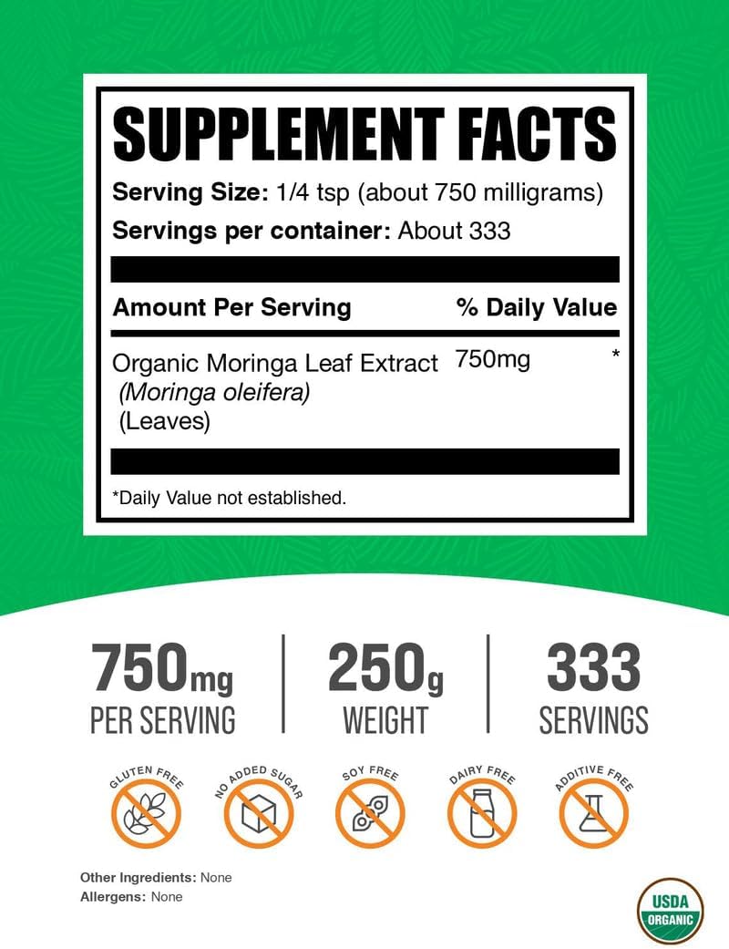 BulkSupplements.com Organic Moringa Extract Powder - Superfood Supplement, from Moringa Oleifera - Vegan & Gluten Free, 750mg per Serving, 250g (8.8 oz) (Pack of 1)