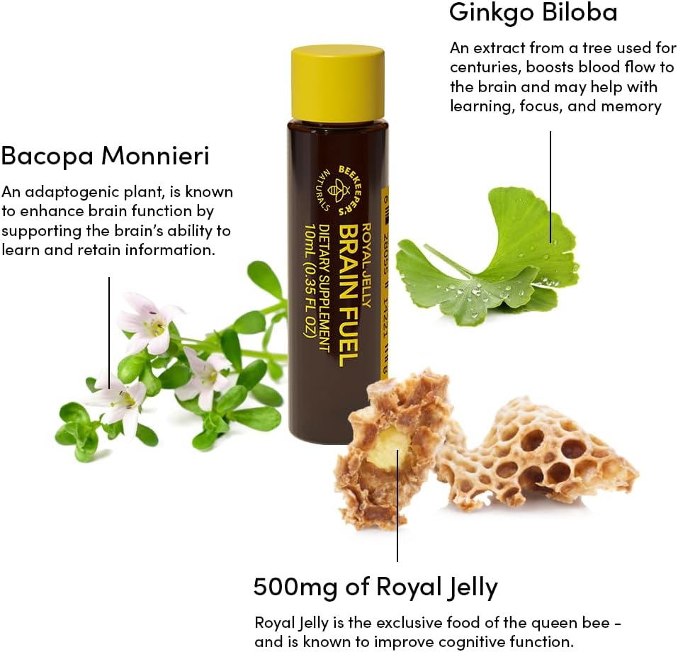 Beekeeper's Naturals B.LXR Brain Fuel - Memory, Focus and Clarity Liquid Formula, Supports Productivity Royal Jelly, Ginkgo Biloba, Bacopa Monnieri Keto Friendly, Gluten & Caffeine-Free, 6 ct (2 Pack)