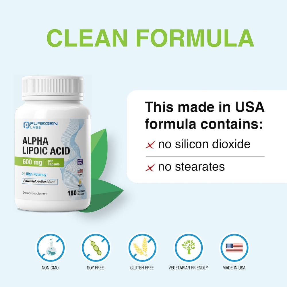 Puregen Labs Alpha Lipoic Acid 600mg [High Potency] 180 Servings - Antioxidant Support | No Harmful Additives | Non-GMO, NO Gluten and Dairy, 600 mg per Veggie Capsule - Made in USA