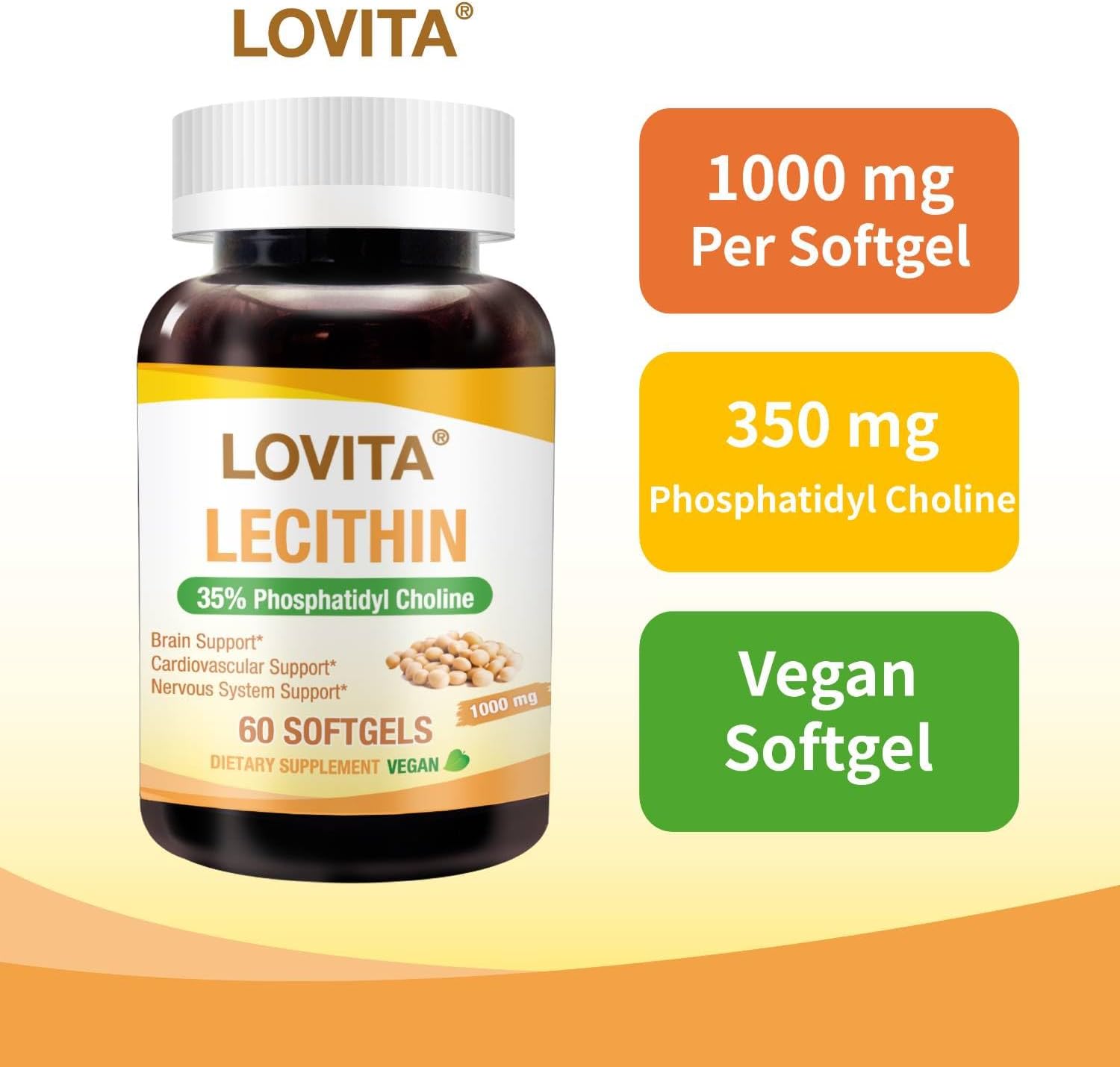 Lovita Lecithin, 1000mg per Softgel, 35% Phosphatidyl Choline | Lactation, Brain & Nerve Support | Vegan, Non-GMO, 60 Softgels