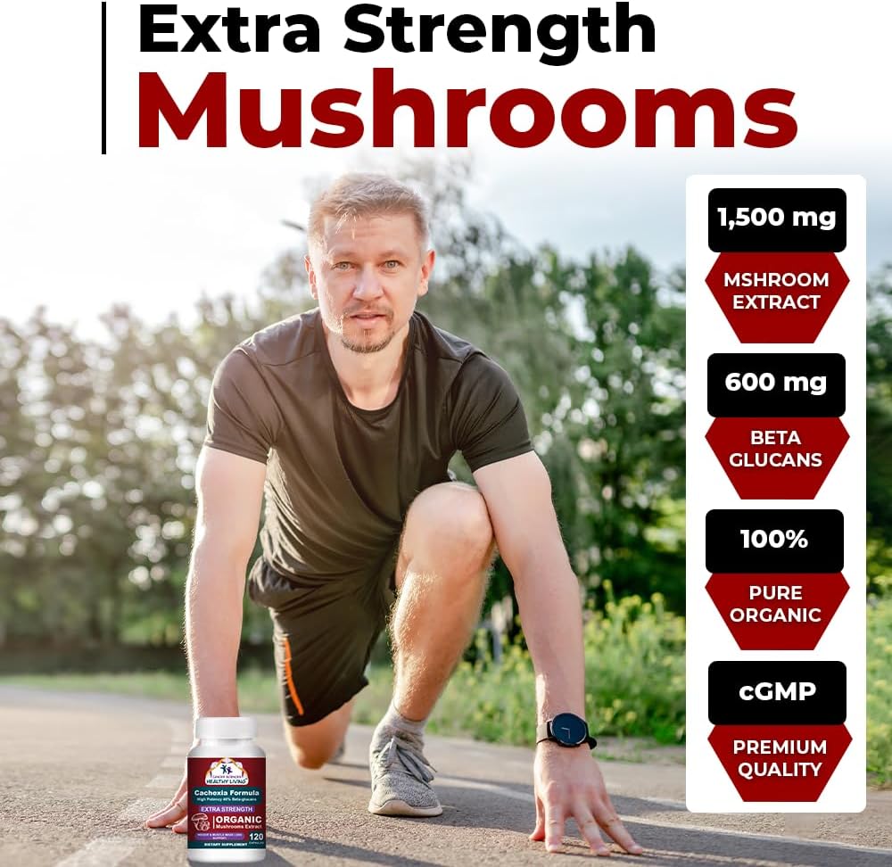 CANCER SCIENCES Cachexia Supplement, USDA Certified Organic Mushrooms Extract Capsules, Extra Strength 1,500 mg, High Potency 40% Beta-Glucans, Immune & Metabolic Support, Weight & Muscle Mass Support