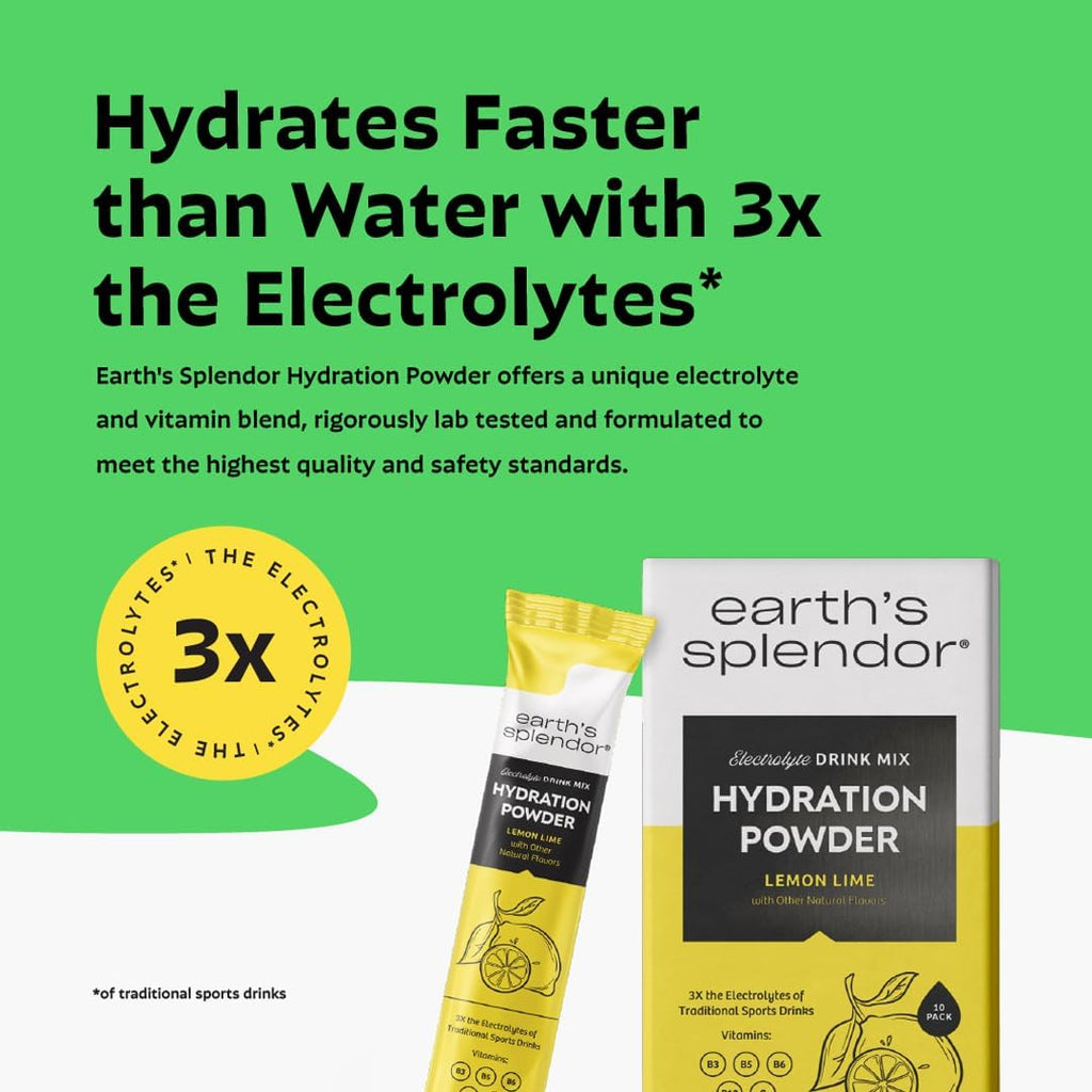 Earth's Splendor Electrolytes Powder Packets Lemon Lime Hydration Drink Mix Sticks with Essential Vitamins for Energy & Sports Performance | Travel-Friendly Single-Serve Packets for Daily Use 10 Pack