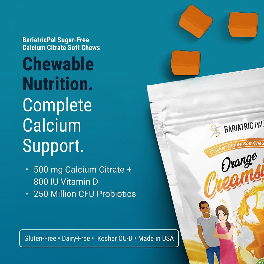 BariatricPal Sugar-Free Calcium Citrate Soft Chews | 500mg with Vitamin D & Probiotics | Orange Creamsicle | 90 Count (1 Month Supply)