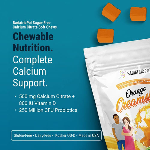 BariatricPal Sugar-Free Calcium Citrate Soft Chews | 500mg with Vitamin D & Probiotics | Orange Creamsicle | 90 Count (1 Month Supply)