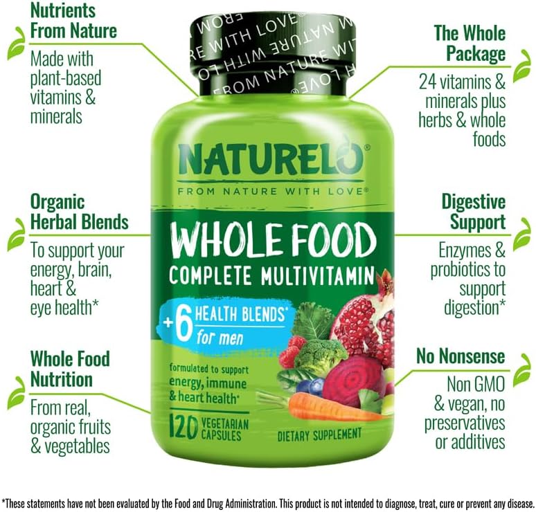 NATURELO Mens Multivitamins - Whole Food Multivitamin for Men with Vitamins, Minerals - 120 Vegetarian Capsules for Energy, Brain, Heart, Eye Health*
