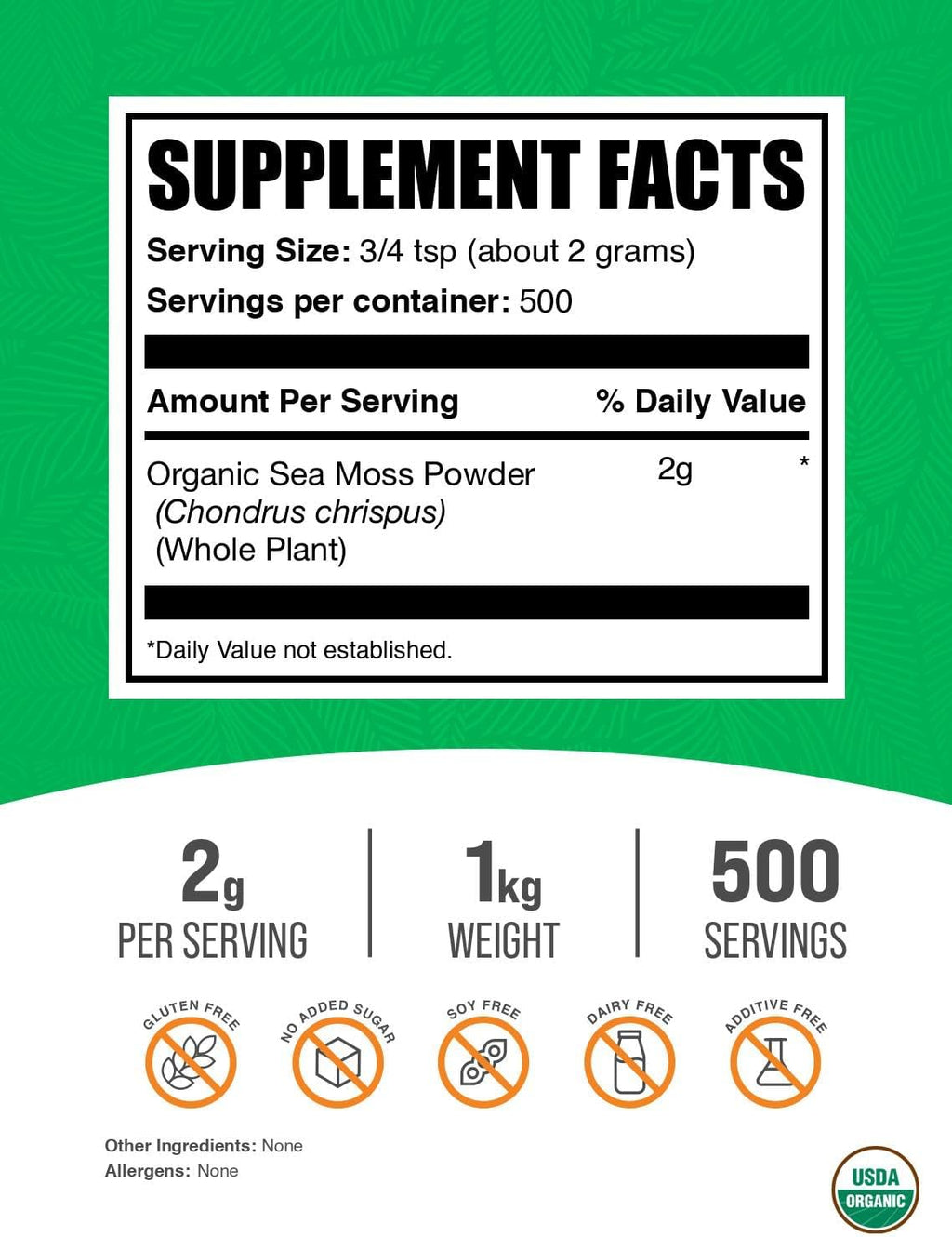 BulkSupplements.com Organic Irish Sea Moss Powder - Sea Moss Supplement, Superfood Supplement - Vegan & Gluten Free, 2g per Serving, 1kg (2.2 lbs) (Pack of 1)