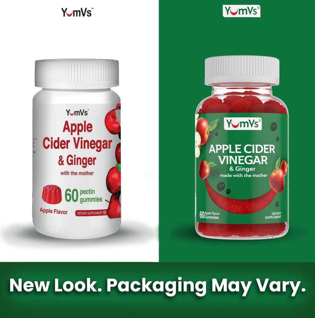 YUM-V'S Apple Cider Vinegar Gummies – ACV Gummies with Ginger & The Mother – Supports Metabolism, Vitality & Daily Wellness – Natural Apple Flavor Vegan, Non-GMO, Gluten-Free, Cider Gummy – 60 Count