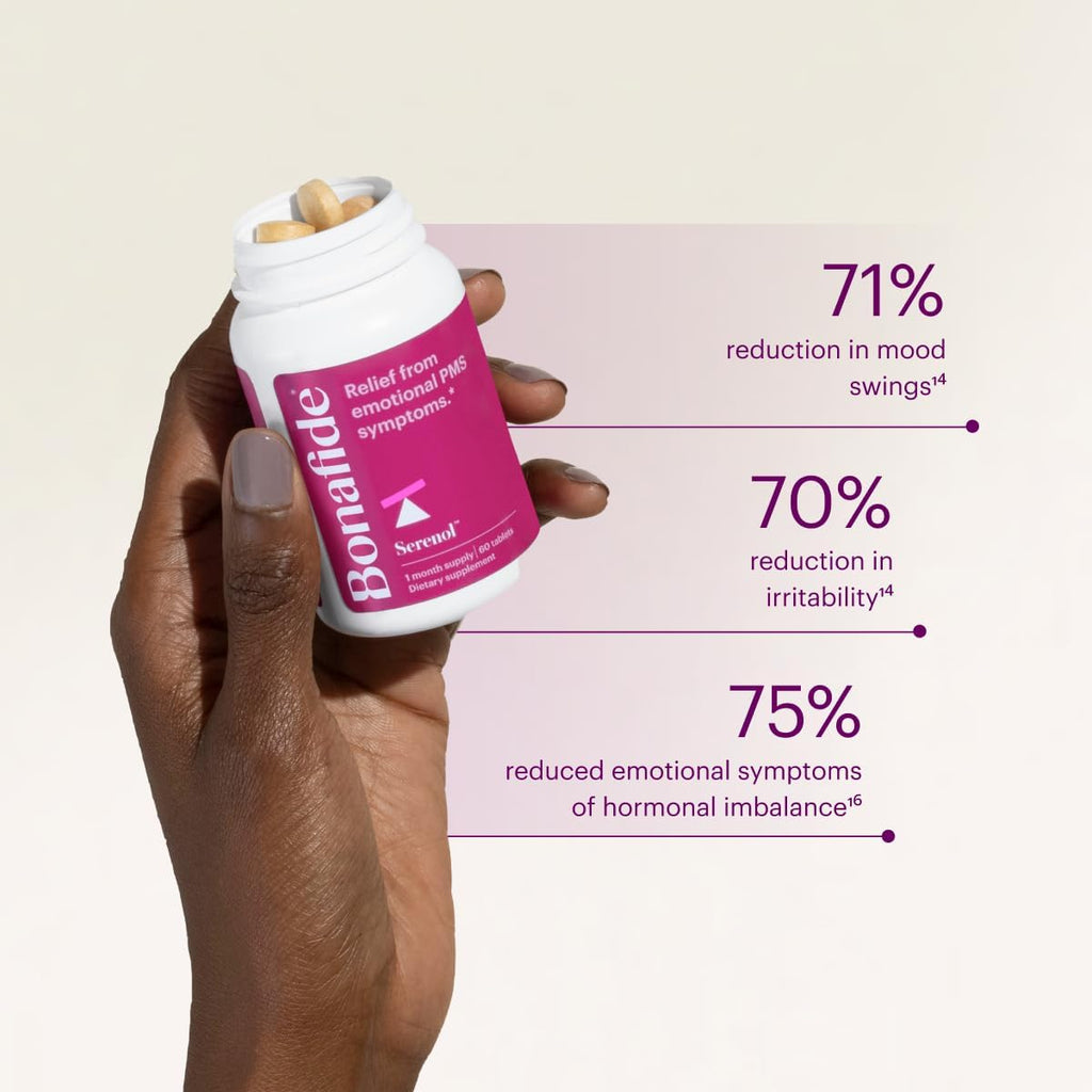 Serenol by Bonafide. Relief from Hormonal Mood Swings, Irritability, & PMS Bloating. — 2-Month Supply (120 Tablets)