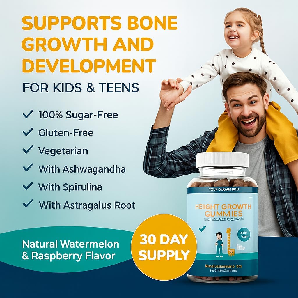 Akros Growth Gummies for Kids & Teens | Sugar-Free Calcium + Vitamin D3 & K2 Gummies - Height & Bone Support | Ashwagandha, Spirulina, L-Arginine | Non-GMO, Gluten-Free, 60 Raspberry-Watermelon Bears