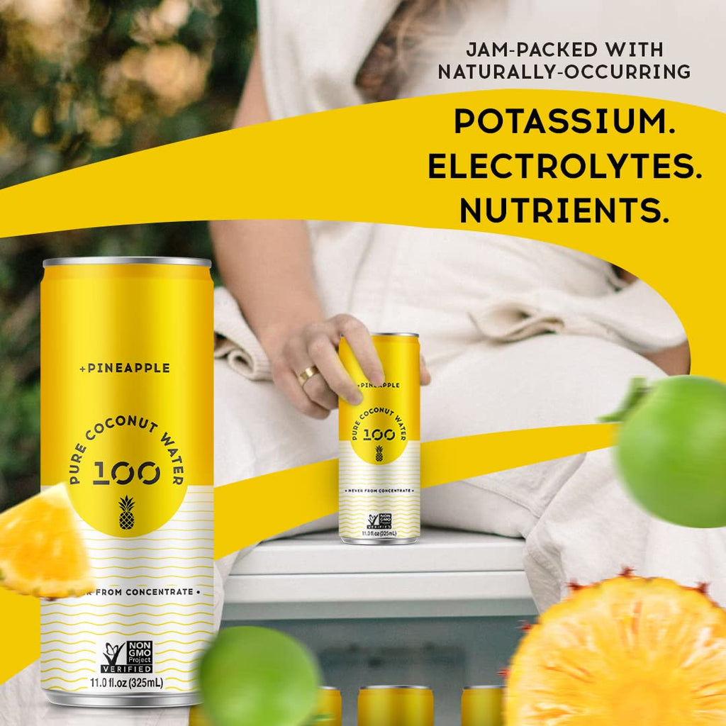 100 Coconuts Pineapple Pure Coconut-100% Pure Coconut Water - Low Calorie All-Natural Drink with Electrolytes - Naturally Sweet, no preservatives- Non-GMO, 11 fl oz, Pack of 12 (Pure Coconut Water)