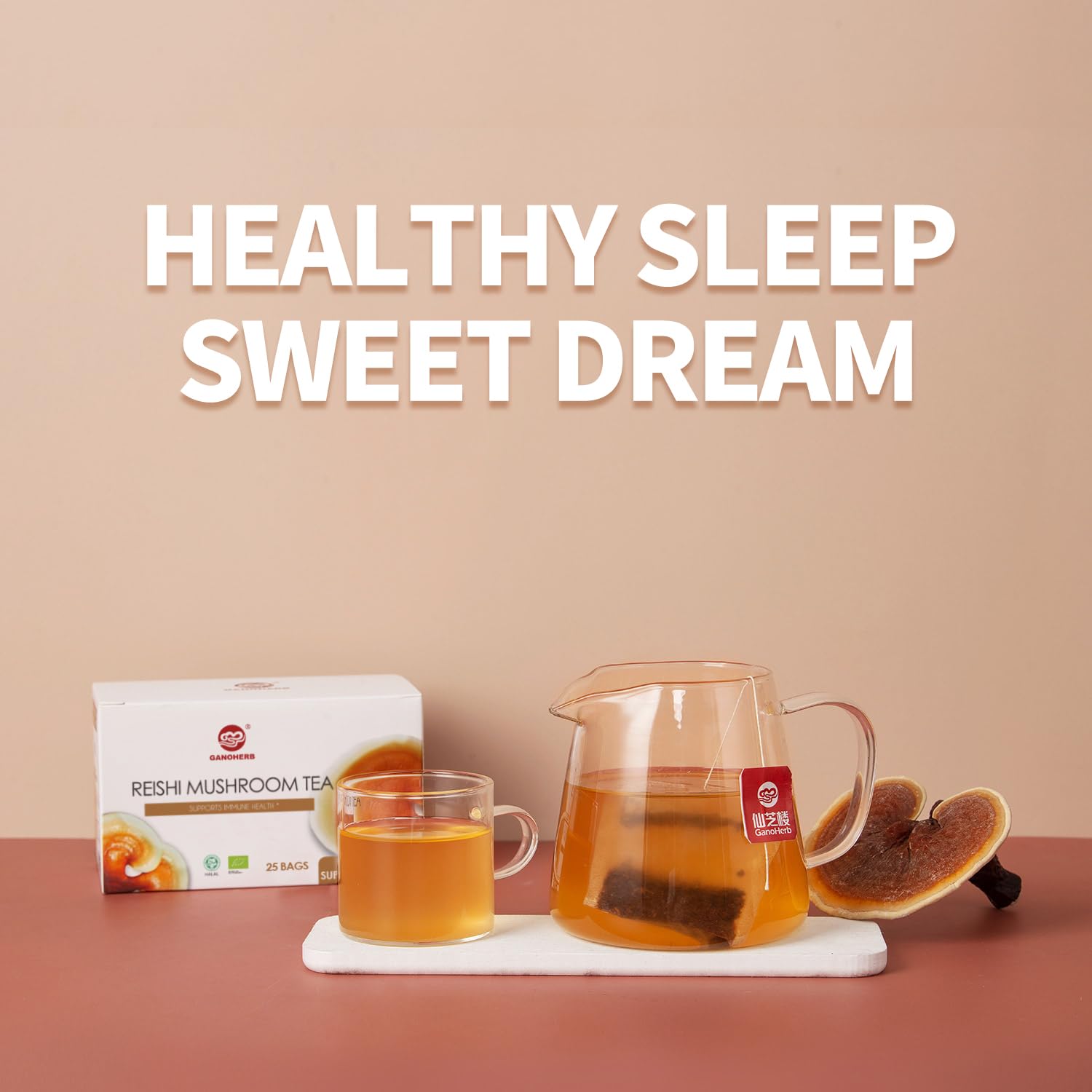 GANOHERB Reishi Mushroom Tea, Adaptogen Ganoderma Lucidum Herbal Tea for Immune Health Boost, Stress Relief, Caffeine-Free, No Sugar, 25 Count (Pack of 1)