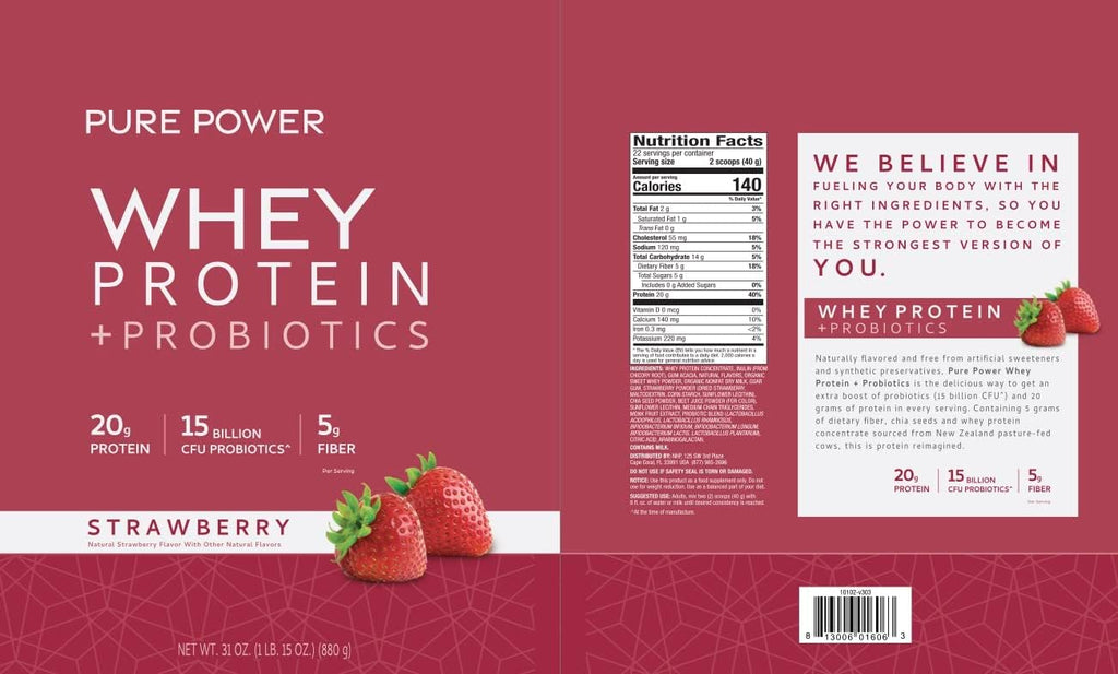 Dr. Mercola Pure Power Whey Protein + Probiotics - Supports Muscle Recovery & Digestive Health - Pasture-Raised Whey - MCTs & Fiber - Vanilla - 31 oz (22 Servings) - Strawberry