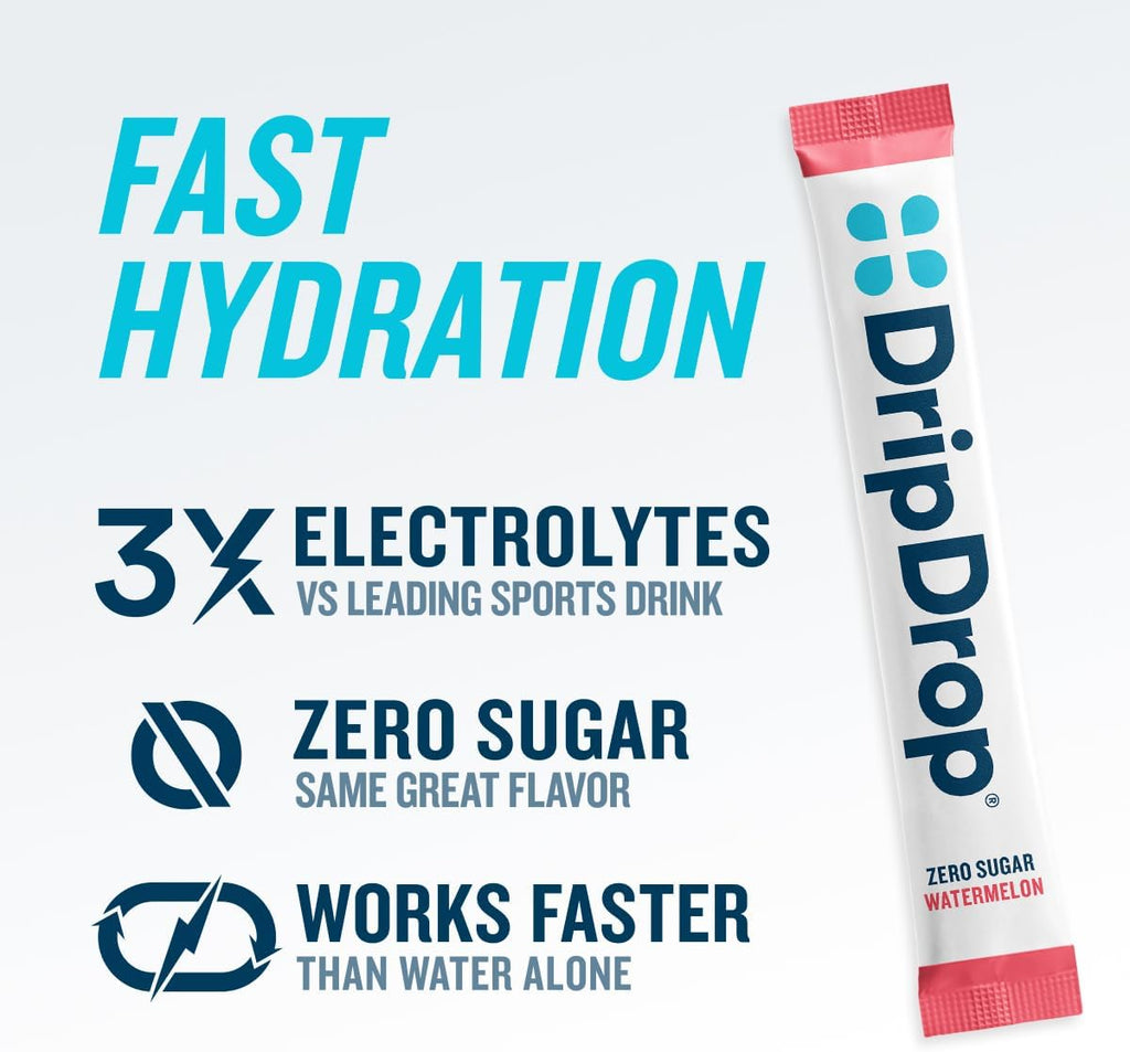 DripDrop Sugar Free Hydration Packets - Zero Classic Variety Pack - Single Serve Electrolytes Powder Drink Mix - Lemon Lime, Watermelon, Peach, Passion Fruit - Non-GMO, Gluten Free, Vegan - 32 Sticks