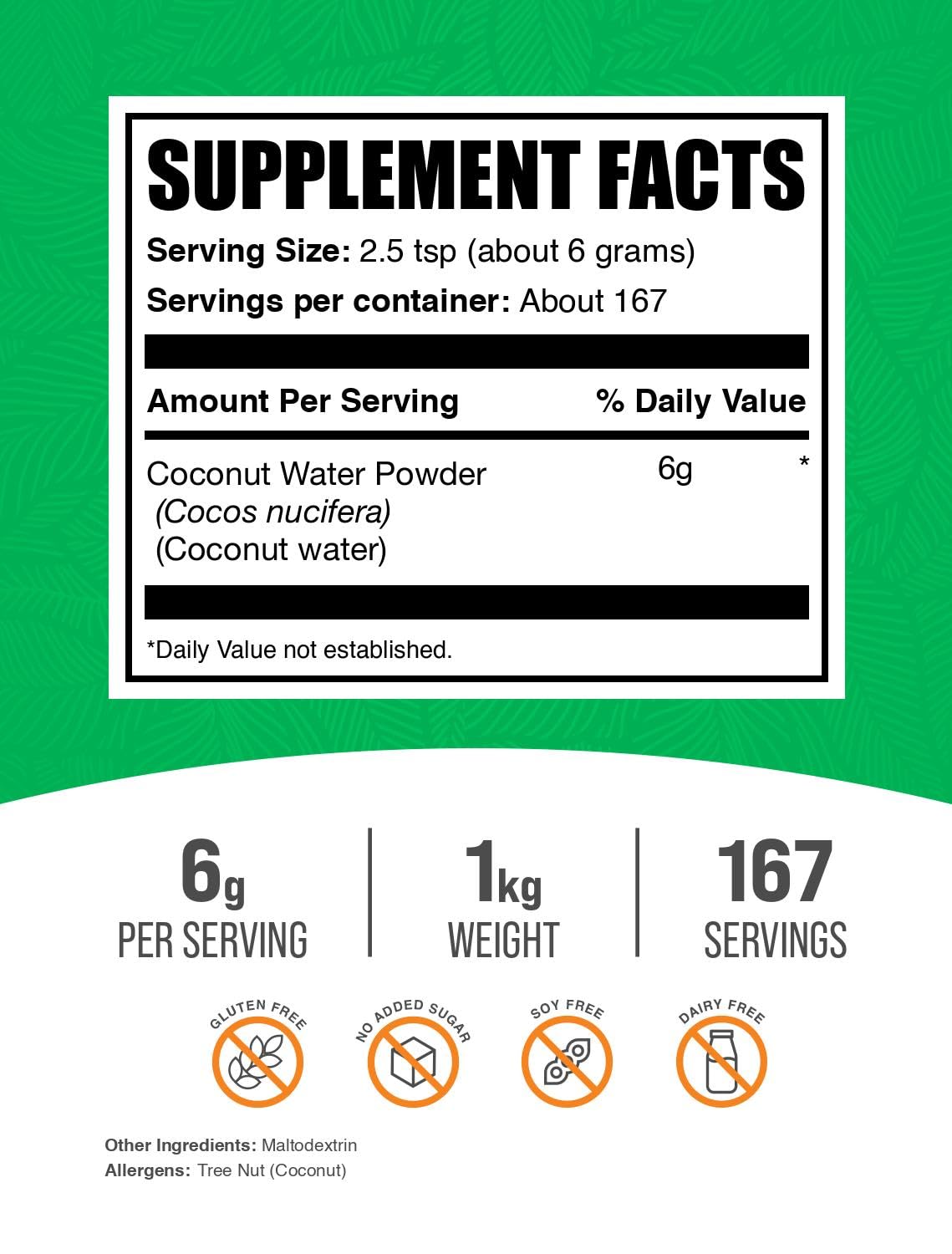 BulkSupplements.com Coconut Water Powder - Electrolyte Supplement, Water Flavoring & Enhancer - No Sugar Added & Gluten Free, 6g per Serving, 1kg (2.2 lbs) (Pack of 1)