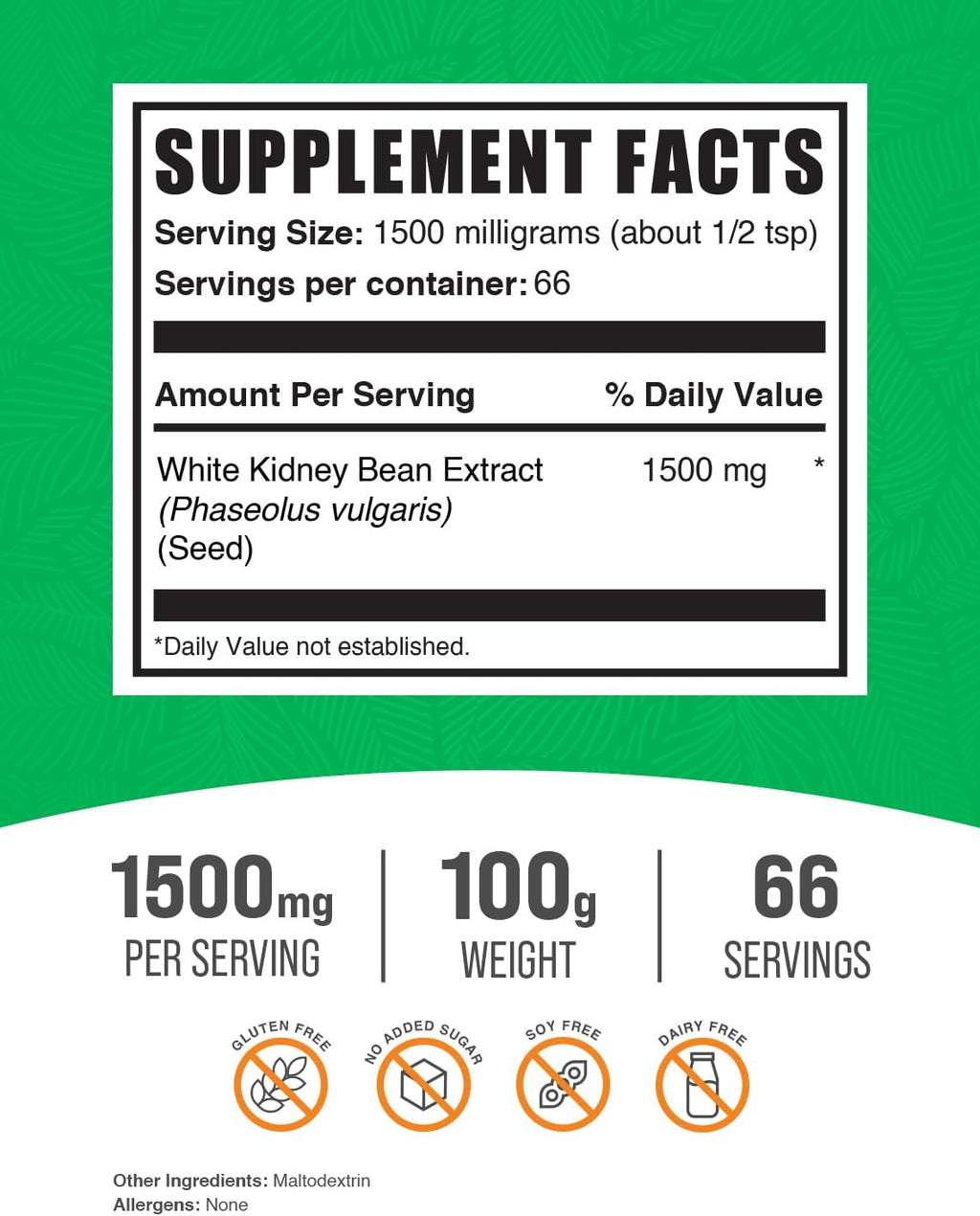 BulkSupplements.com White Kidney Bean Extract Powder - White Kidney Bean Powder - Herbal Supplement - Gluten Free, 1.5g per Serving, 100g (3.5 oz) (Pack of 1)