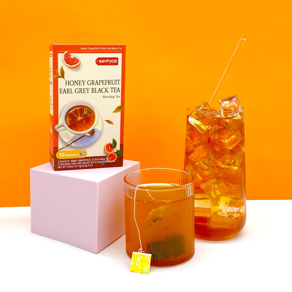 KAYFOOD Garden Honey Grapefruit Tea Powdered & Earl Grey Black Tea Bag Mix 10 Sticks (5.56oz), (Honey Grapefruit 5 Sticks & Early Grey Black 5 Teabags)