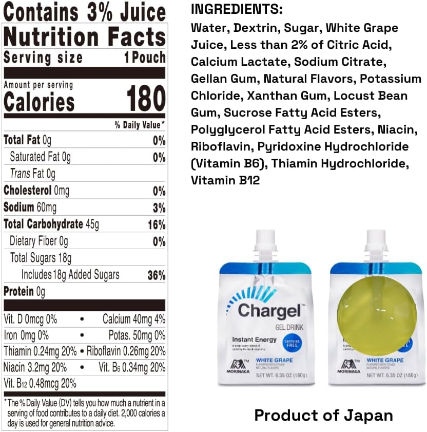 White Grape, Caffeine-Free Instant Energy Gel Running, Biking, Workout, Hiking Essentials for Women & Men, Gifts for Runners - Carbs Vitamins, Gluten Free - Pack of 6 Gels - 6.35oz Each