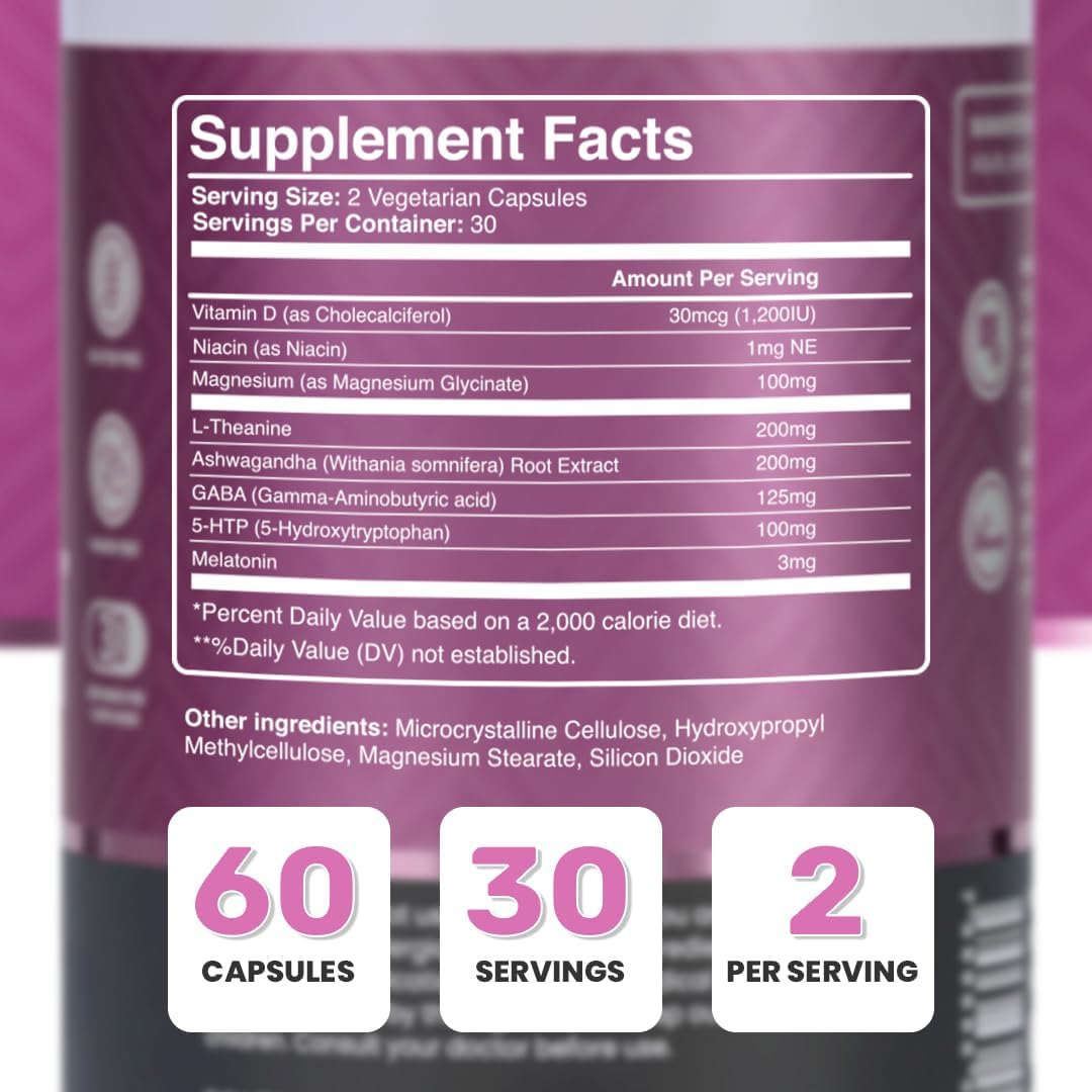 Natural Sleep Aid for Adults, Sleep Supplement, Natural Calm, Melatonin with L-Theanine, Magnesium Glycinate, Ashwagandha, GABA, 5-HTP, Vitamin D & Niacin (30 Day Supply)