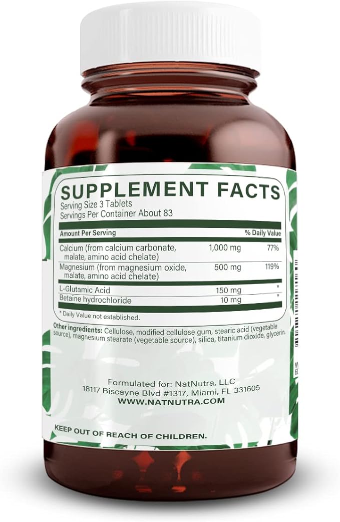 Natural Nutra Chelated Calcium Magnesium 1000/500 mg Supplements Plus Betaine HCL - Chelated Cal Mag Improves Bone Density, Supports Muscle, Teeth, Cardiovascular & Nerve Health, 250 Vegan Tablets