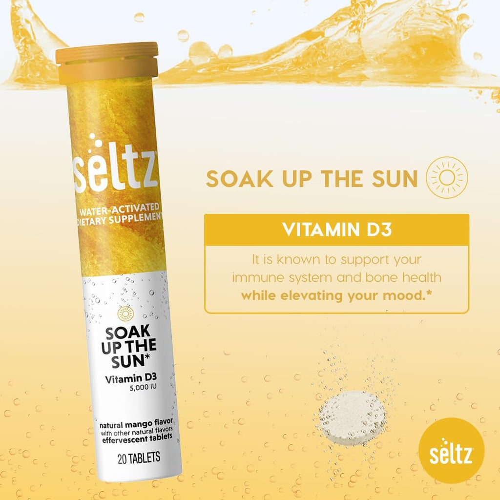 Seltz® D-fense & D-Light Pack - Vitamin D + Immune Support Effervescent Vitamins (Soak up The Sun + Support Your Immune Function) with Vitamin D3 (5,000 IU), Elderberry, Vitamin C, and Zinc