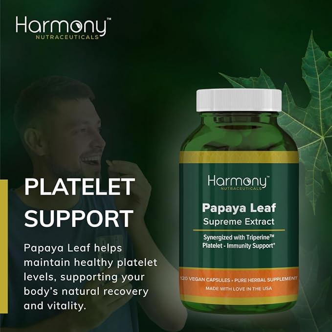 Harmony Nutraceuticals Papaya Leaf Supreme Extract Highest Potency Maximum Bioactivity Organic Dr. Gumman's Clinical Grade 120 Vegan Capsules Synergized with Triperine