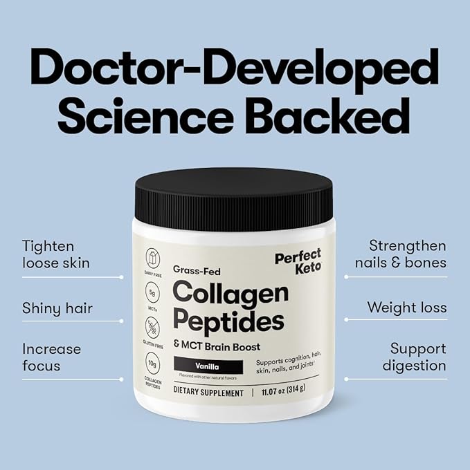 Perfect Keto Collagen Peptides Protein Powder with MCT Oil, Hydrolyzed Collagen, Type I & III Supplement, Gluten Free Grass Fed, Low Carb, Keto Coffee Creamer, Collagen for Women & Men, Peanut Butter