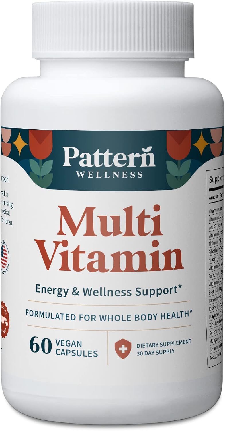 Pattern Wellness Multivitamin for Men & Women - Vitamin A, B, C, D, E - Energy & Wellness Support - Whole Body Health - One A Day Dietary Supplement - 60 Vegan Capsules