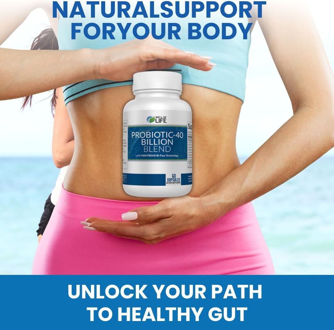 Well of Life Probiotic-40 Billion: Helps Gut Health & Digestive Support. 4 Strain Blend, 40 Billion CFU. Enhances Nutrient Absorption, Metabolism. 60 Capsules. Non-GMO, Made in USA.