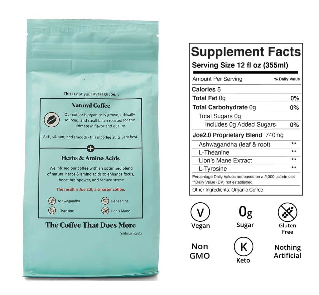 Joe 2.0 - Mushroom Coffee with Lion’s Mane & Ashwagandha – Nootropic Ground Coffee for Focus, Calm Energy & Clarity – Joe 2.0 Medium Roast – 20 Servings (11 oz)